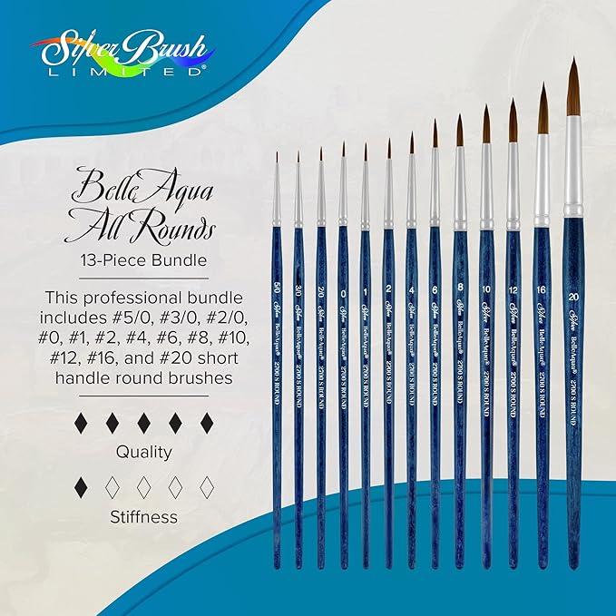 Silver Brush Limited BA-2750S BelleAqua Wet and Wild 13pc Professional Watercolor Brush Set, Soft Synthetic Red Sable Round Paint Brush Set, Sizes 5/0, 3/0, 2/0, 0, 1, 2, 4, 6, 8, 10, 12, 16, & 20