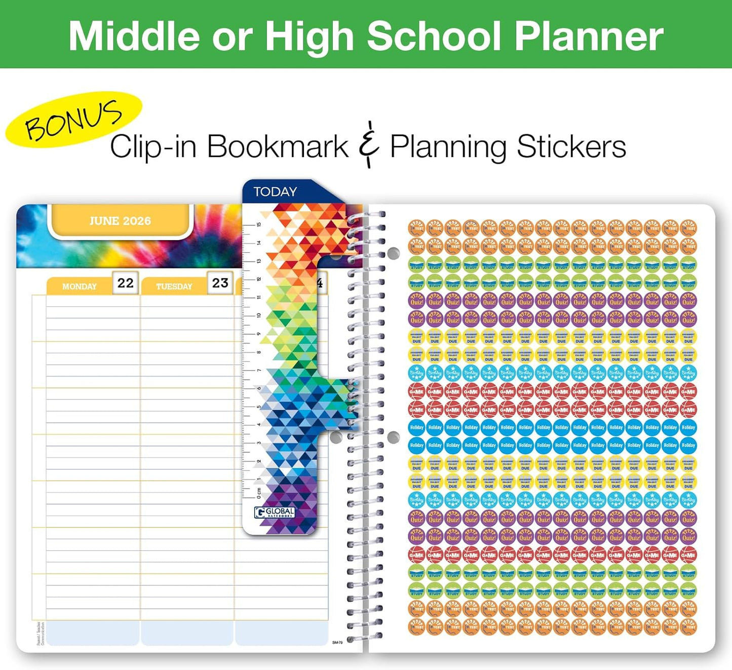 Global Datebooks Dated Middle School or High School Student Planner for Academic Year 2025-2026 Includes Ruler/Bookmark and Planning Stickers (Matrix Style - 7"x9" - Slant)