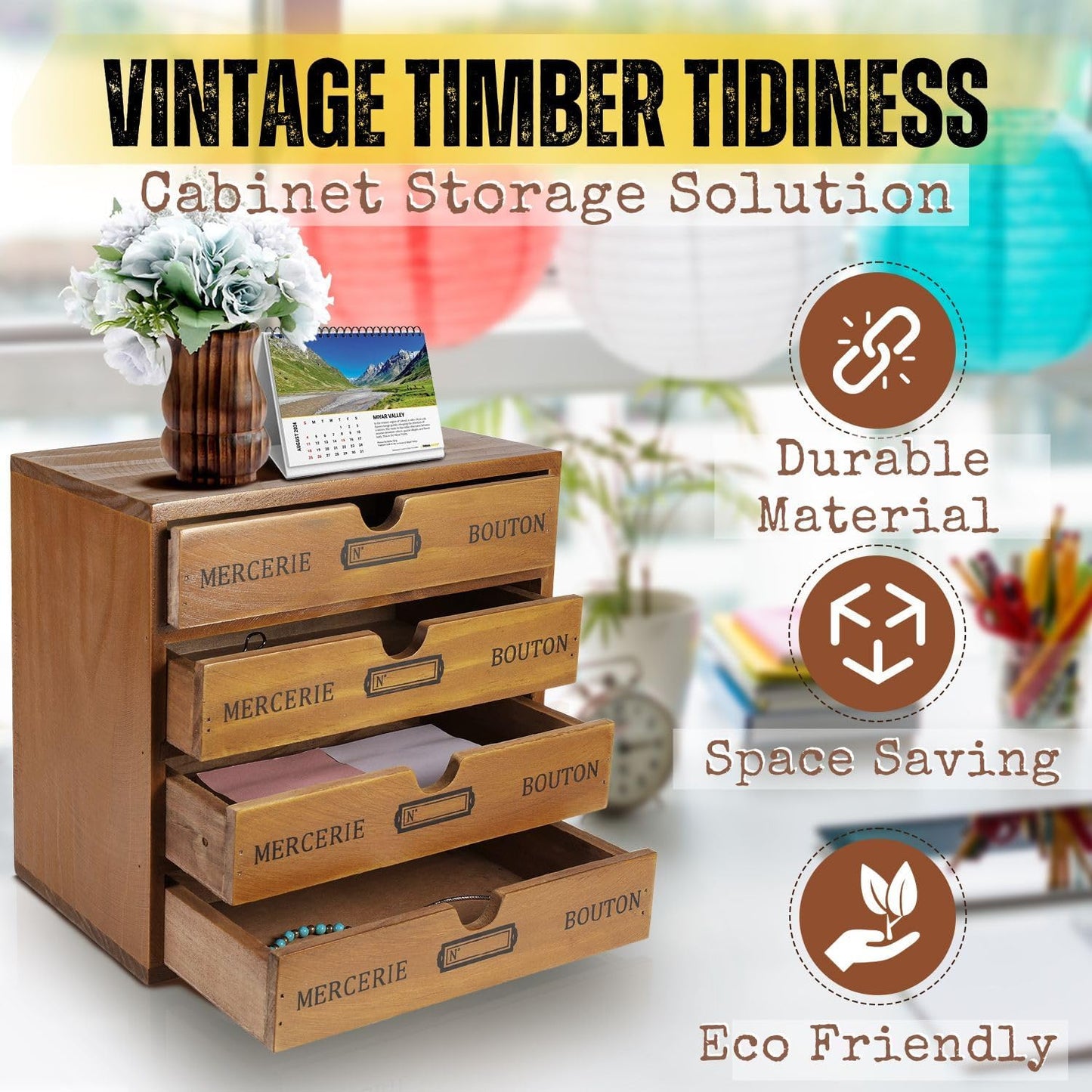 Flexzion Desktop Storage Box with Drawers - Wooden 4 Drawer Organizer Card Catalog Cabinet, No Assembly Required, Pine Wood Vintage Tabletop for Home and Office Accessories