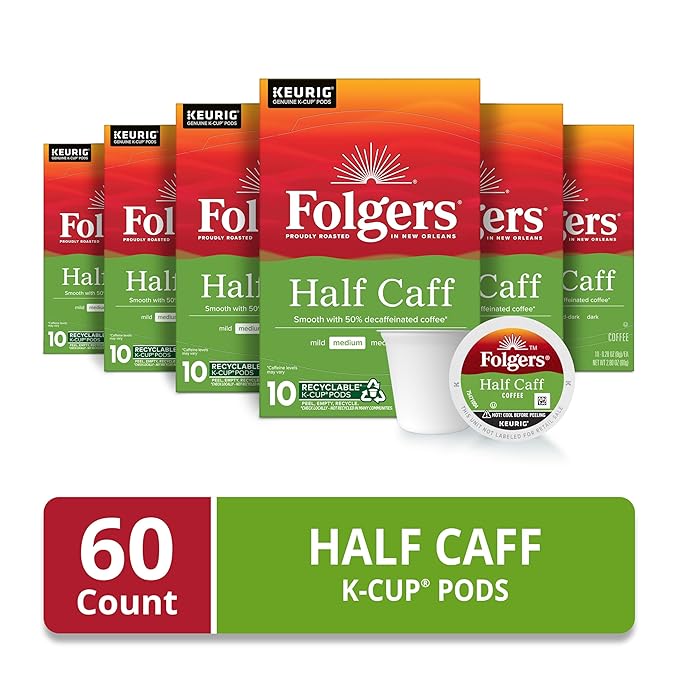 Folgers Half Caff Coffee, Medium Roast, Keurig K-Cup Pods, 10 Count (Pack of 6)