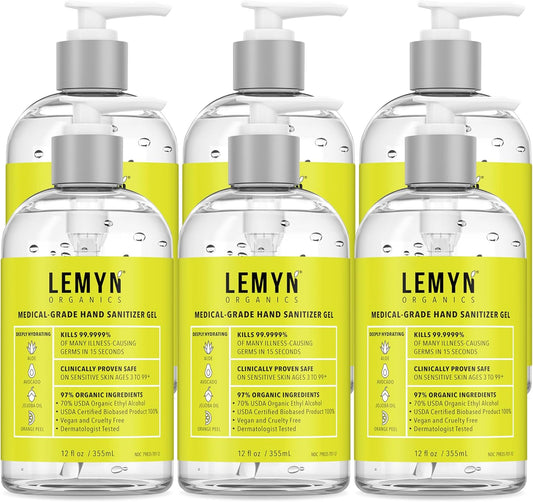 Medical‑Grade Hand Sanitizer Gel – 97 % Organic | 70 % USP Ethyl Alcohol | Moisturizing Aloe + Hyaluronic Acid | Freshly Made in USA | 12oz Bottle with Pump (PACK OF 6)