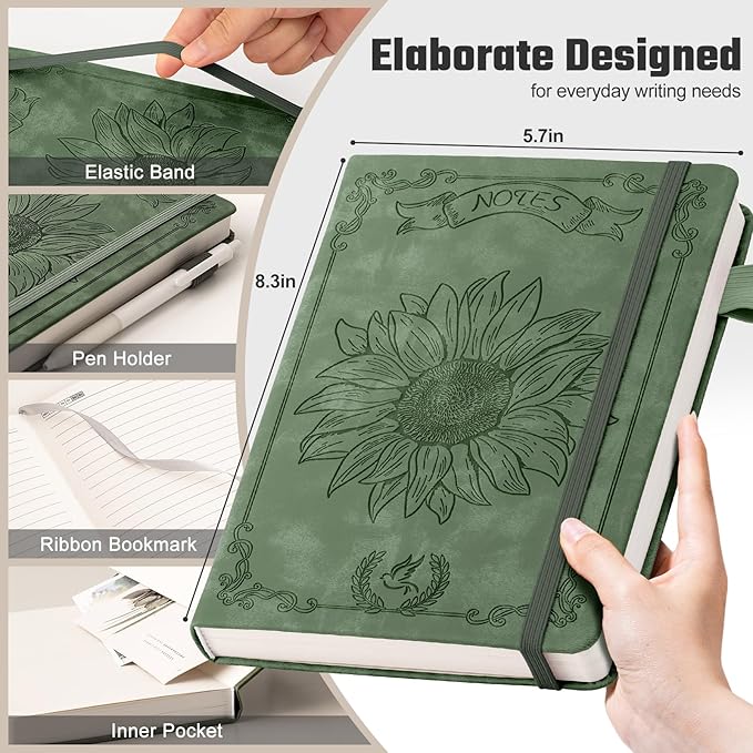 Sunflower Journal for Girls Women Journals for Writing 100GSM College Ruled A5 Leather Notebook for Girls Ages 8-12 Flower Diary with Heart-Shaped Shadow, 5.7" x 8.3", Green