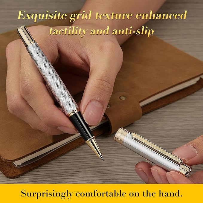Silver Chrome Rollerball Pen, Stunning Luxury Pen with Mesh Texture Design、Silver Chrome Finish and 24K Gold Accents, Nice Gift Set for Men & Women, Business, Executive, Office, Fancy Pens