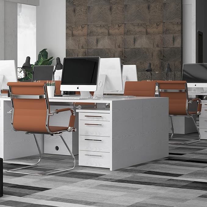 Office Desk Chair Set of 6,No Wheels PU Leather Computer Chairs Mid Back Guest Chairs with Seld Base for School/Reception/Conference/Waiting Room,Cafe