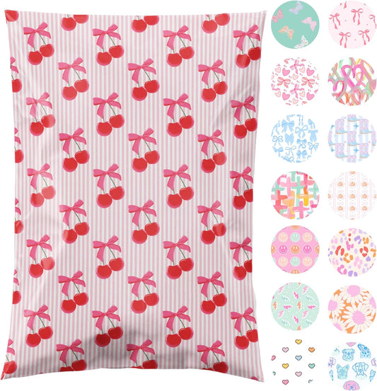 6x9 Designer Poly Mailer 100 Pack Heavy Duty Waterproof Self Seal Shipping Bags for Small Business Large Mailing Envelopes Bulk Tear Resistant Packaging Pink Stripe Cherry Fruit