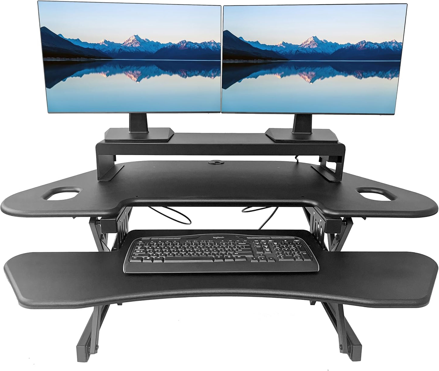 Rocelco 46" Height Adjustable Corner Standing Desk Converter with AC Outlet USB Charger and Dual Stand - Tabletop Computer Riser Workstation - Large Keyboard Tray - Black (R CADRB-46-ACUSB-DMS)