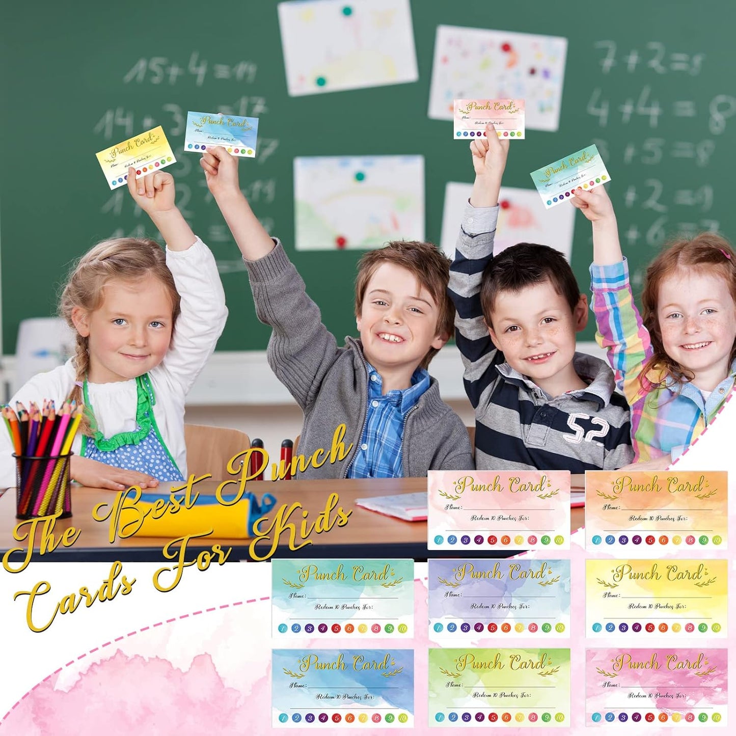 Fumete 400 Pcs Punch Cards for Classroom Reward Cards Behavior Incentive Loyalty Awards for Kids Students Teachers School Business, 8 Styles, 3.5 x 2 in(10 Watercolor Punches Style)