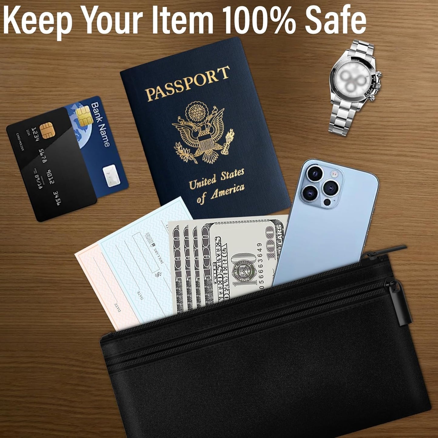 HAUTOCO Money Bag with Zipper 11x6.1 inch Money Pouch with Lined PU Leather Bank Bag Two Pockets Utility Wallet for Cash Check Receipt Coins Cosmetics