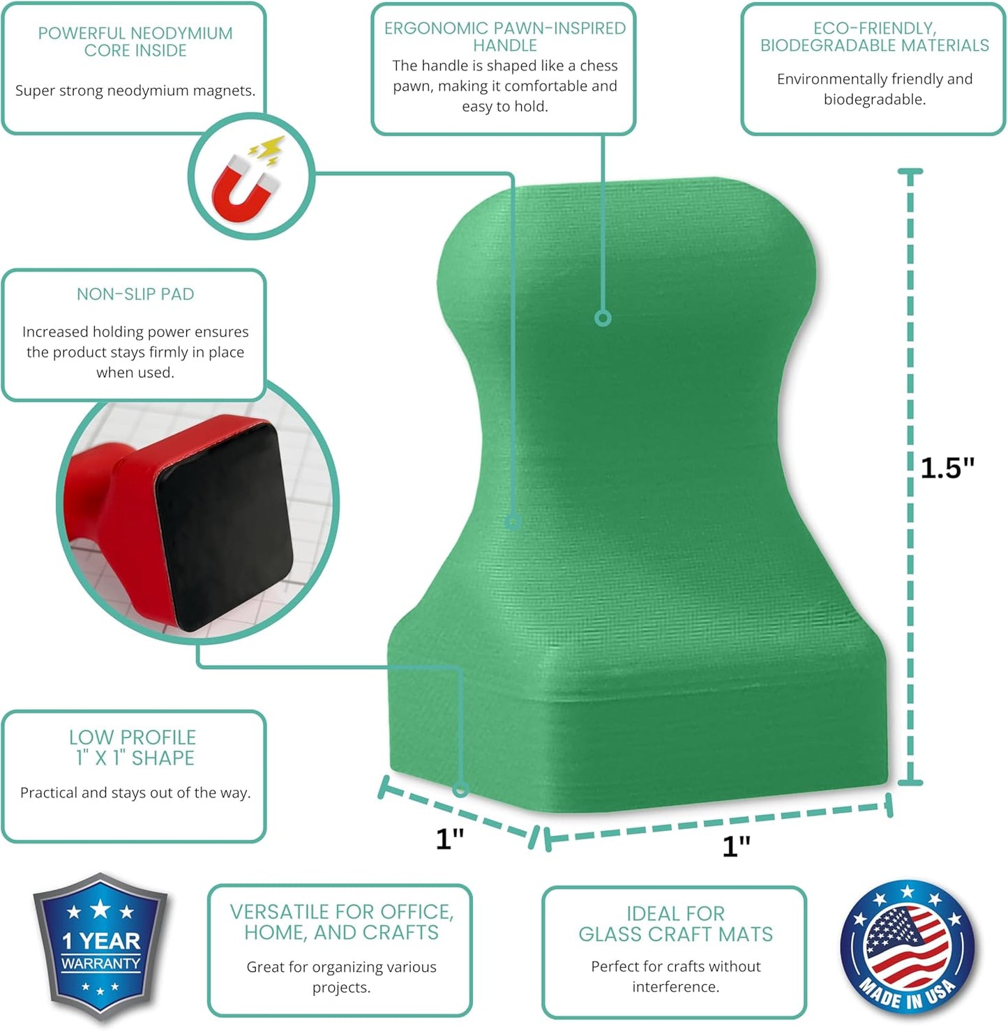 Glassboard Studio MiniPawn Magnet - Strong Neodymium Rare Earth Magnets for Fridge, Whiteboard, Locker & Magnetic Glassboards -Crafting & Office Use - Strong Fridge Magnets (Spring Green, 2)