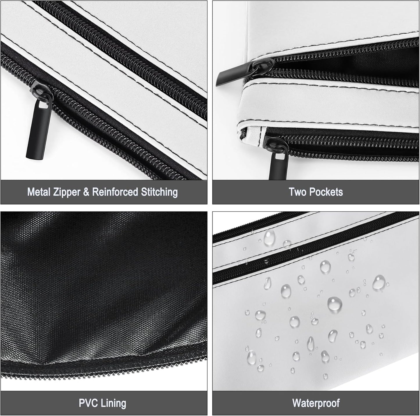 HAUTOCO Money Bag with Zipper 11x6.1 inch Money Pouch with Lined PU Leather Bank Bag Two Pockets Utility Wallet for Cash Check Receipt Coins Cosmetics, White