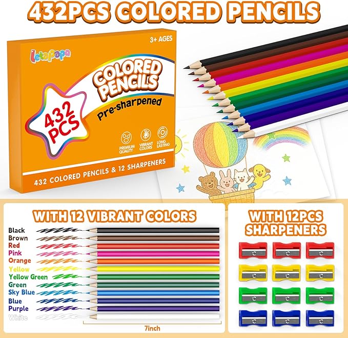 432 Count Colored Pencils Bulk, Colored Pencils for Kids, Pre-sharpened Color Pencils Set 12 Colors, Coloring Pencil Bulk for Teachers School Supplies, Back to School Classroom Prizes Gifts