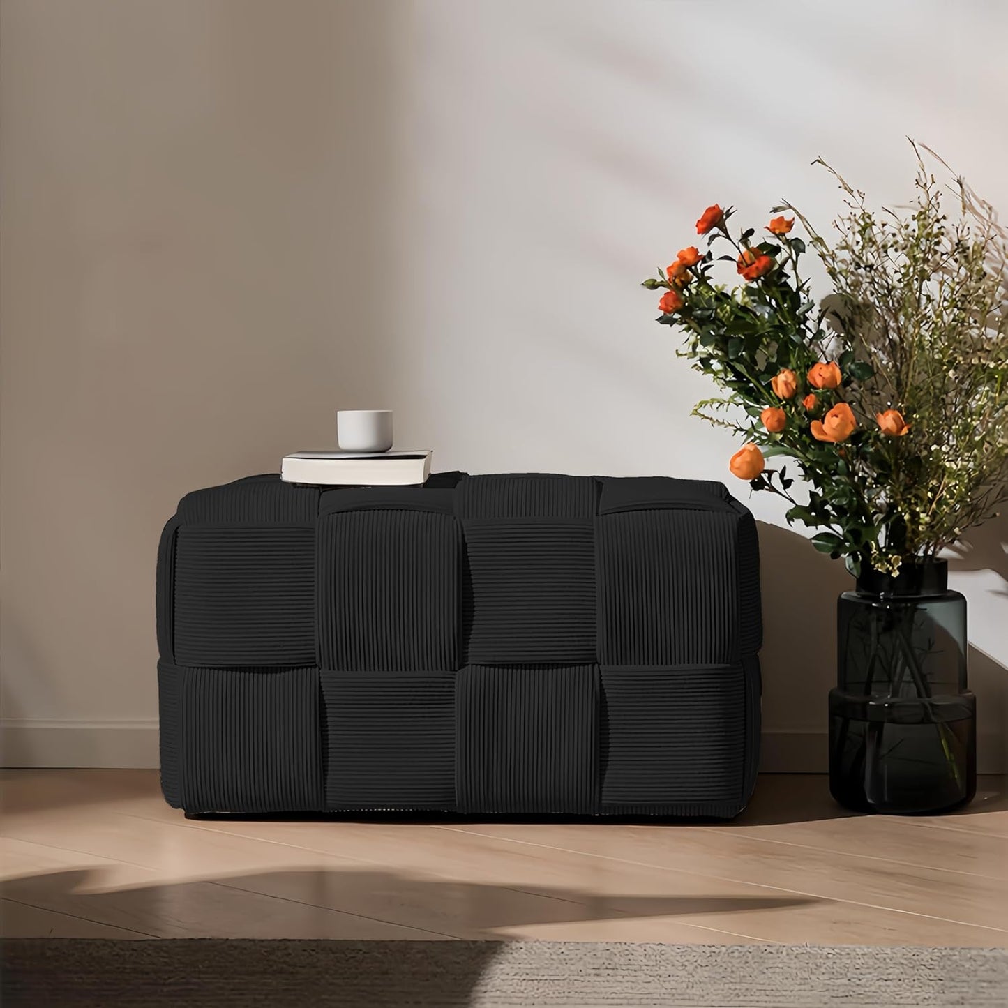 Ottoman Foot Rest Soft and Comfortable Ottoman Square Corduroy Woven Design Sofa Stool (Black-L)