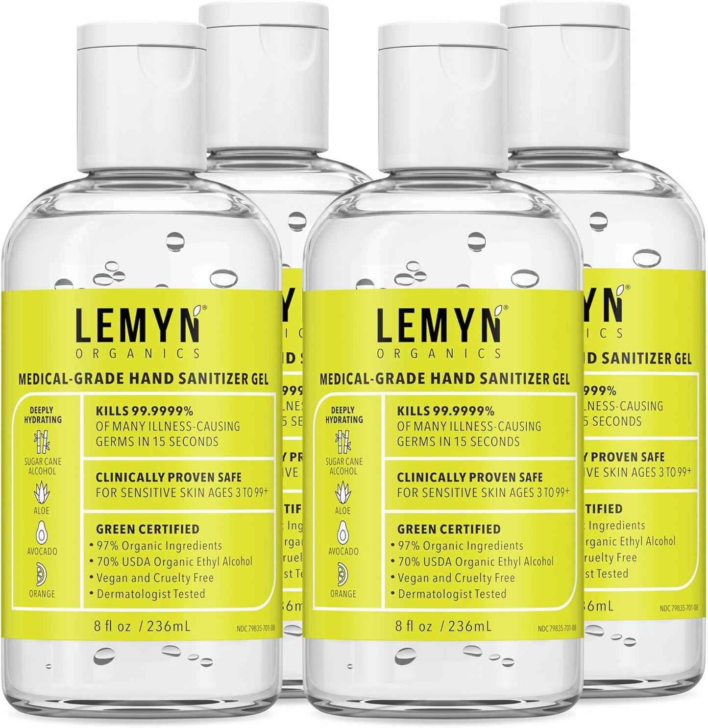 Medical Grade Hand Sanitizer Gel - 97% ORGANIC - 8 FL.OZ. Flip-Top (PACK OF 4)