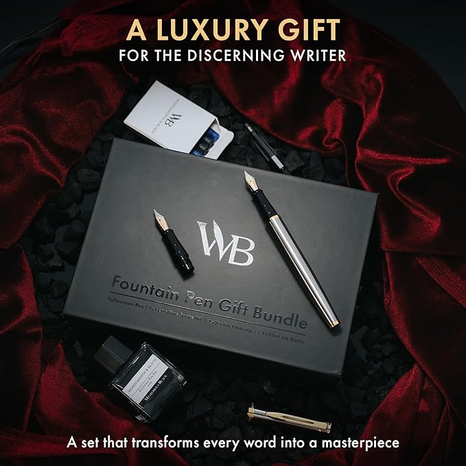 Wordsworth & Black Fountain Pen Set,18K Gilded Medium and Extra Fine Nib,25ML Black Ink Bottle,6 Ink Cartridges,Refill Converter,Gift Box,Smooth Writing Pens [Silver Gold],Gift Set for Men and Women