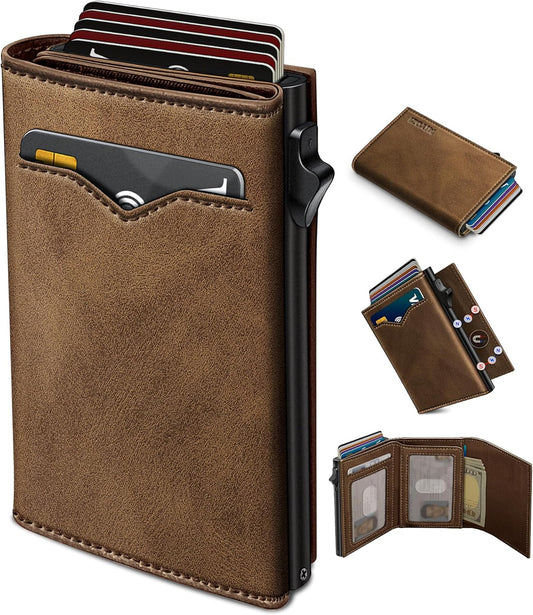 Wallet for Men,with Cash Pocket 2 ID Window 9-13 Cards,Metal Case Smart Slim Pop Up Credit Card Holder Flip with Magnetic Closure RFID Blocking Trifold wallet with Gift Box