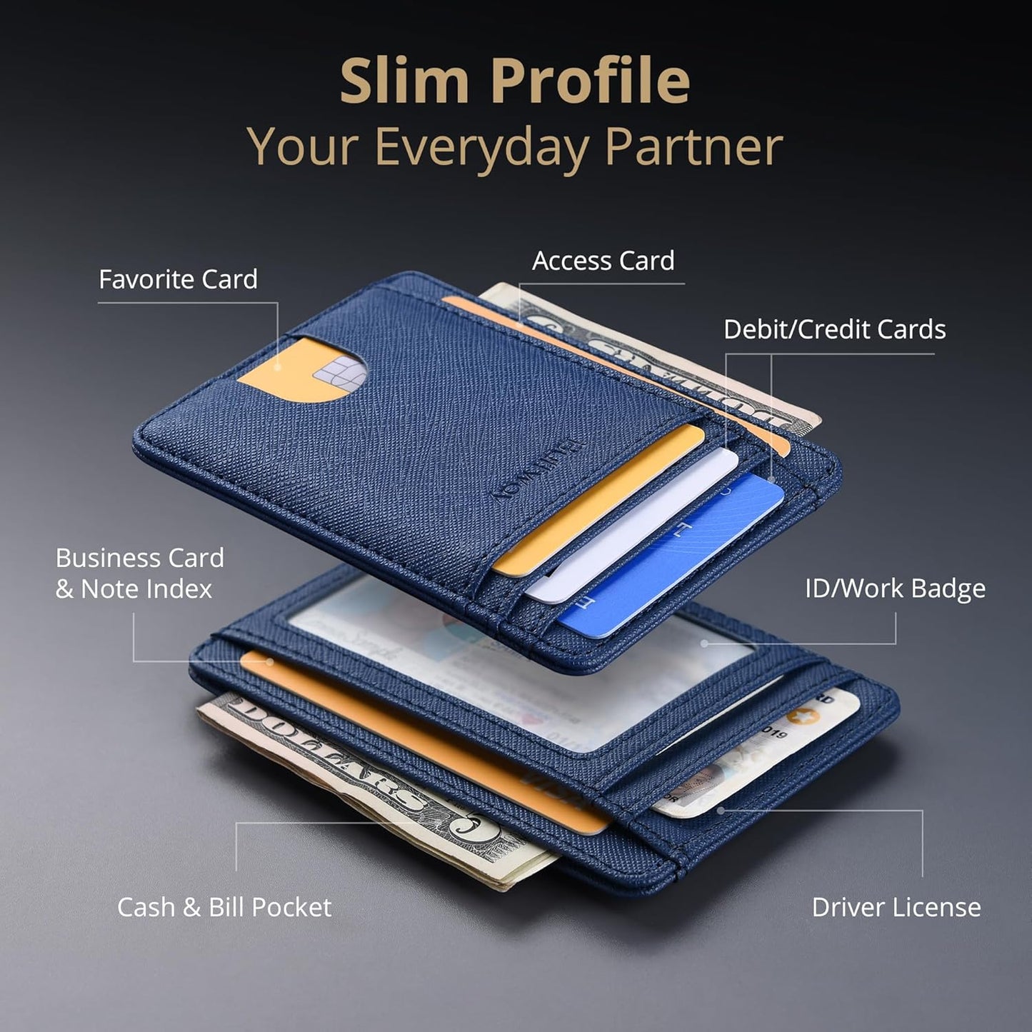 Buffway Slim Minimalist Front Pocket RFID Blocking Leather Wallets for Men and Women - Cross Blue