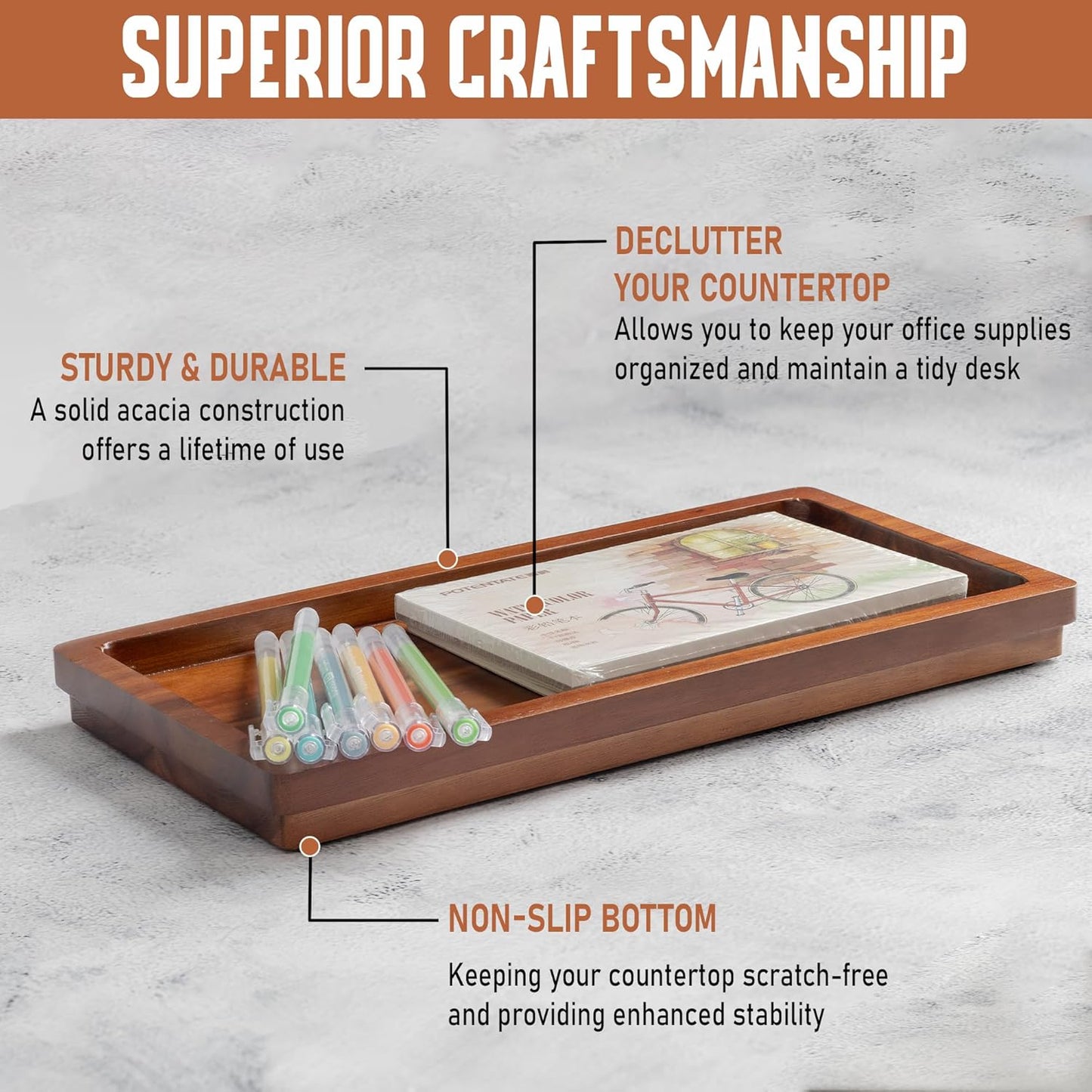 Demigo Acacia Wood Valet Tray & Catchall (11.9x6x1 inch) - Wooden Desk Organizer for Office Supplies, Keys, Wallet & Mail - Entryway & Nightstand Decor