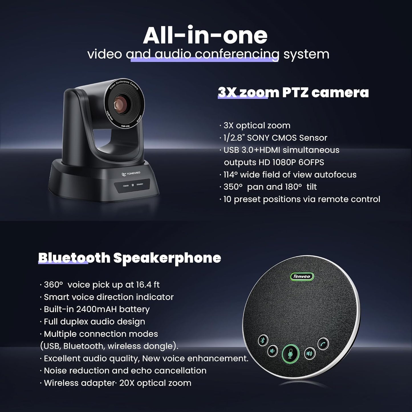 Conference Room PTZ Camera System 3X Optical Zoom USB3.0, HDMI 114° Wide Angle 1080P 60fps Camera Bundle with Bluetooth Microphones - Easy Setup for Church