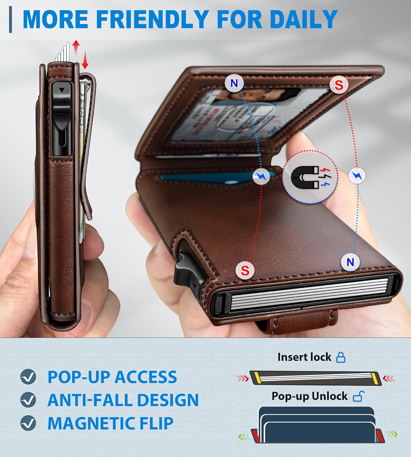 Airtag Wallet for Men,with Money Clip Gift Boxed,Slim Front Pocket Wallet RFID Blocking Metal Case Smart Pop-up Credit Card Holder in Magnetic Leather Flip