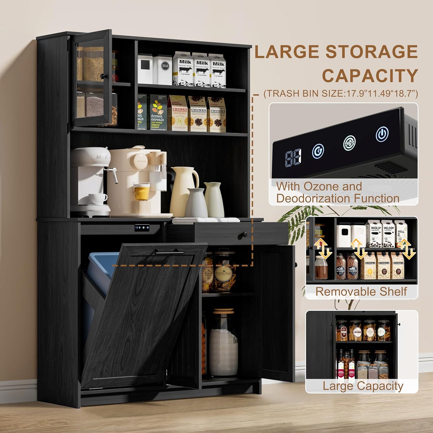 OLD CAPTAIN Tilt Out Trash Cabinet with Deodorising Function, Kitchen Hutch with Microwave Shelf and Drawer, Kitchen Pantry with Trash Cabinet for 10 Gallons, Black