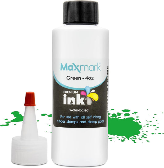 MaxMark Premium Refill Ink for self Inking Stamps and Stamp Pads, Green Color - 4 oz.