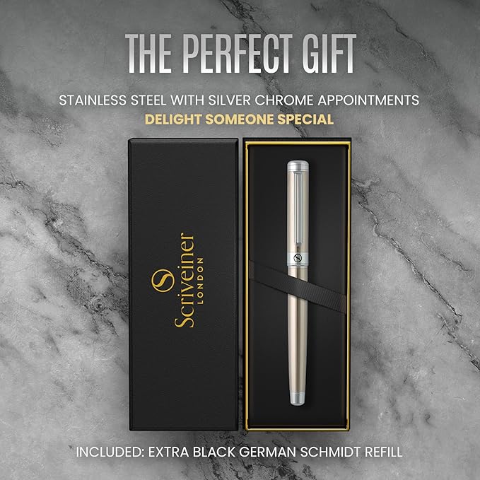 Scriveiner Stainless Steel Rollerball Pen - Stunning Luxury Metal Pen with Silver Chrome Finish, Schmidt Ink Refill, Best Roller Ball Pen Gift Set for Men & Women