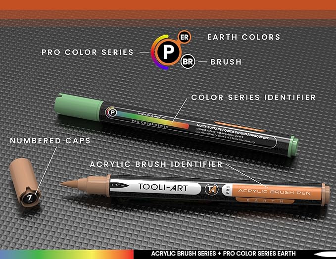36 Flexible Brush Tip Earth Tones Acrylic Paint Pens Markers Set 1-7mm Line for Rock Painting, Brush Lettering, Glass, Mugs, Wood, Metal, Canvas, Fabric, Plastic. Non Toxic Waterbased Quick Drying