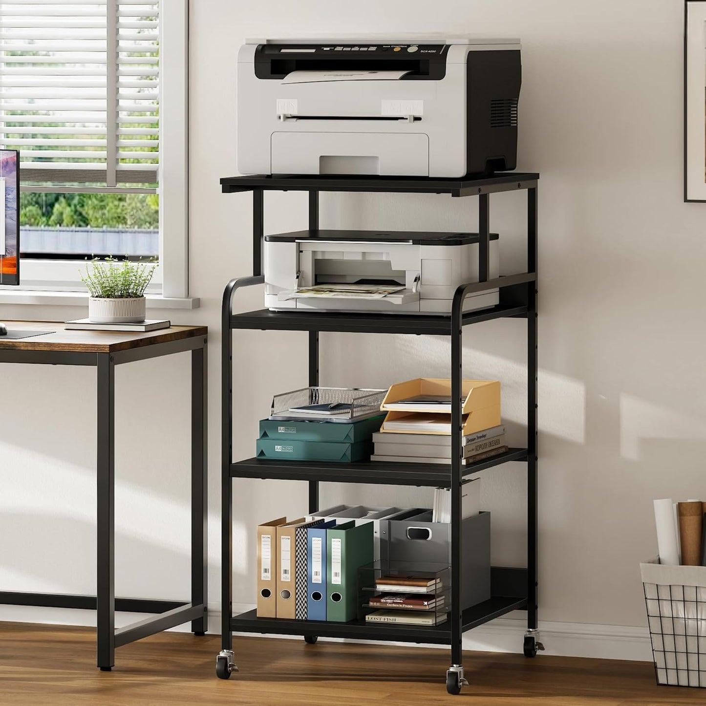 Extra Tall & Large Printer Stand, 24" x 24"x 46'' Height 4 Tier Metal Printer Table for Home Office, Printer Stand with Adjustable Storage Shelf, Rolling Cart for 3D Laser Printer (Black)