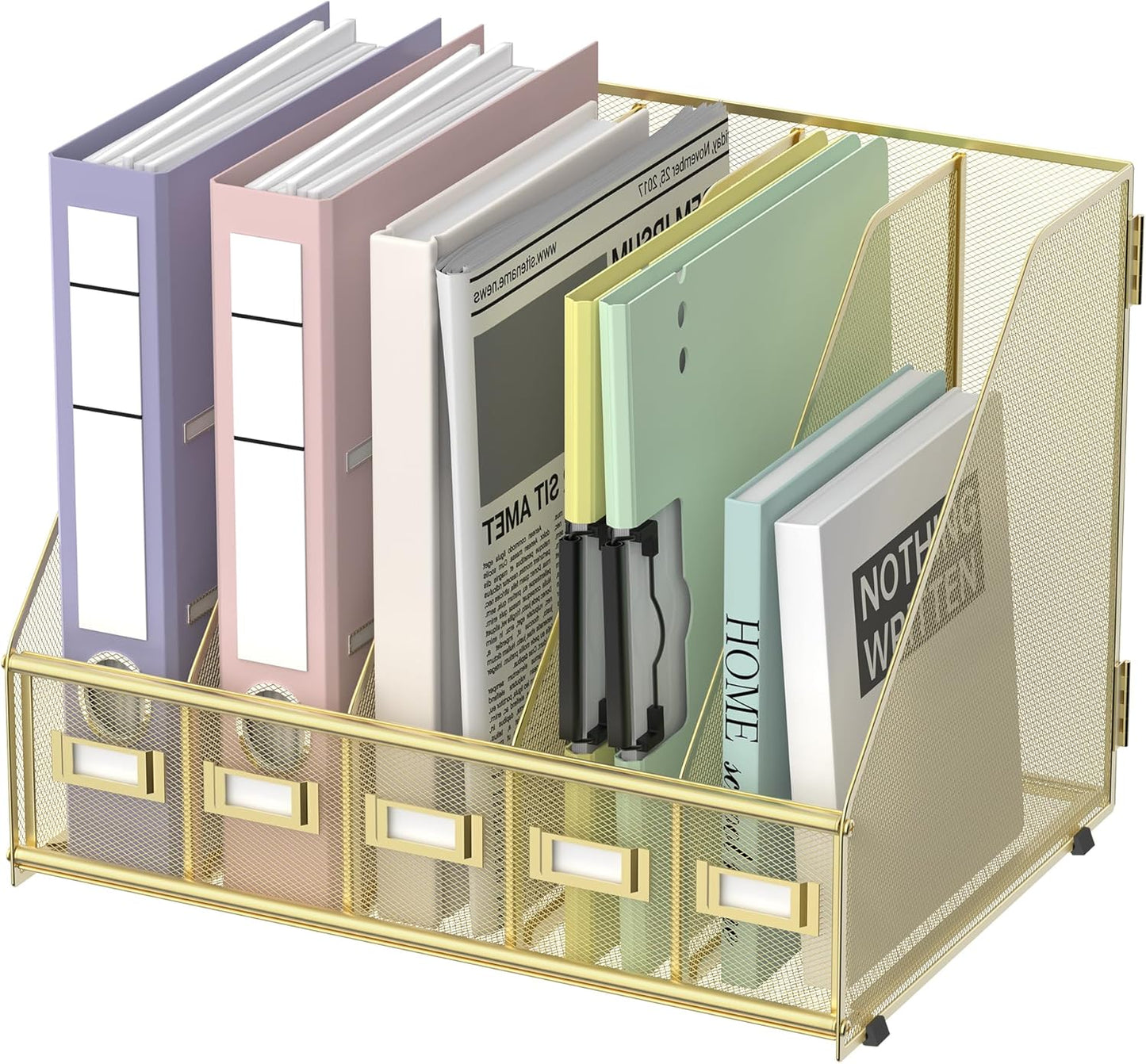 SUPEASY Desk Organizers Metal Desk Magazine File Holder with 5 Vertical Compartments Rack File Organizer for Office Desktop, Home Workspace, Gold Plus