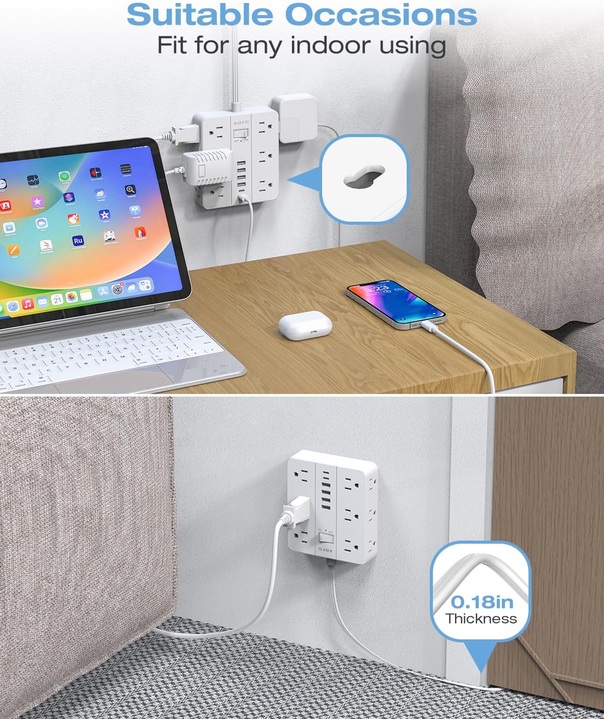 10FT Surge Protector Power Strip,12 AC Outlets with 6 USB Ports (2 USB-C), Flat Plug Extension Cord with Multiple Outlets, Wall Mount for Home Office,Dorm,White