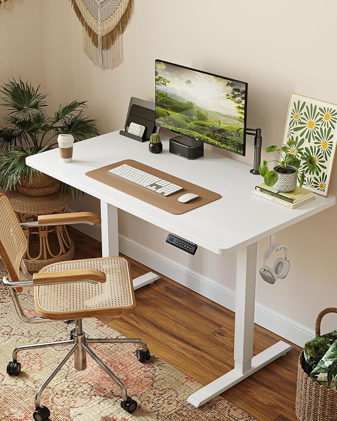 FEZIBO One-Piece Standing Desk Adjustable Height Stand up Home Office Desk, 32x24 Inch Electric Standing Computer Desk, with 4 Memory Presets, Fixable casters, White