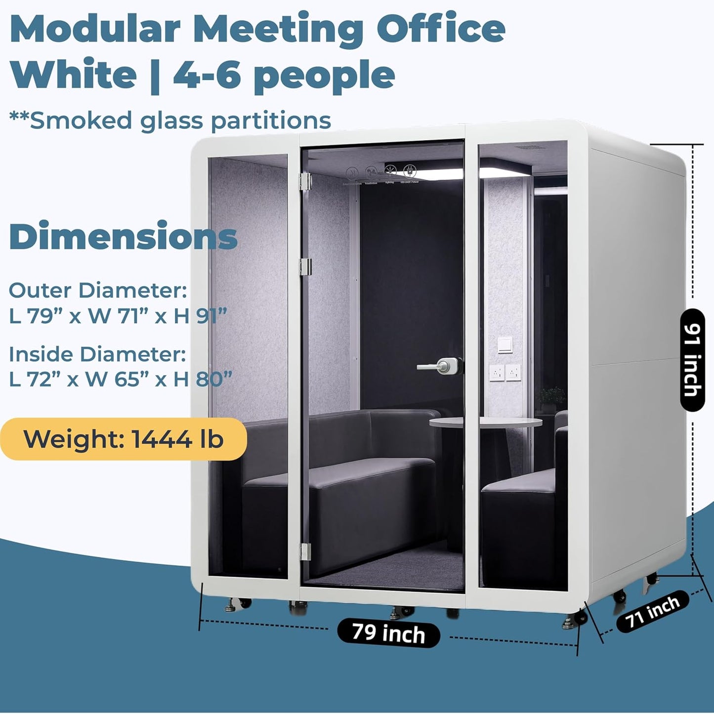 Mobile Office Pod Booth, Sound Pod, Large Space SoundProof Pod 4-6 People, Sound Booth Mobile Roller, LED Lighting, Centrifugal Fans and AC USB Ports Large Size for 4-6 Persons White/Smoked Glass
