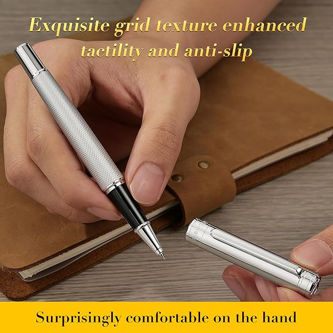Silver Rollerball Pen, Stunning Luxury Pen with Mesh Texture Design, Bright Silver Chrome Finish, Schmidt refill, Nice Gift Set for Men & Women, Executive, Office, Graduation, Fancy Pens