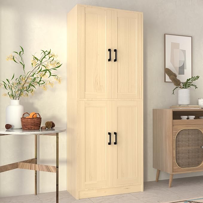 Oak Kitchen Pantry, 71" Tall Cabinet with Doors, Hutch with Storage for Dining Room