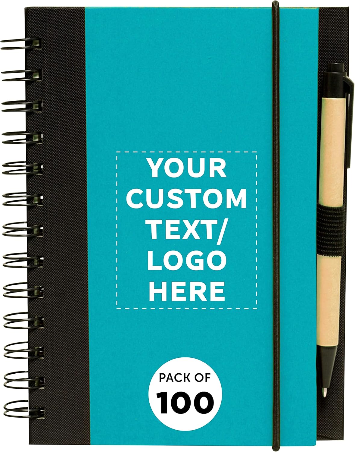 DISCOUNT PROMOS Custom Eco Block Notebooks with Pens Set of 100, Personalized Bulk Pack - Perfect for School, Office, Business, Home - Aqua