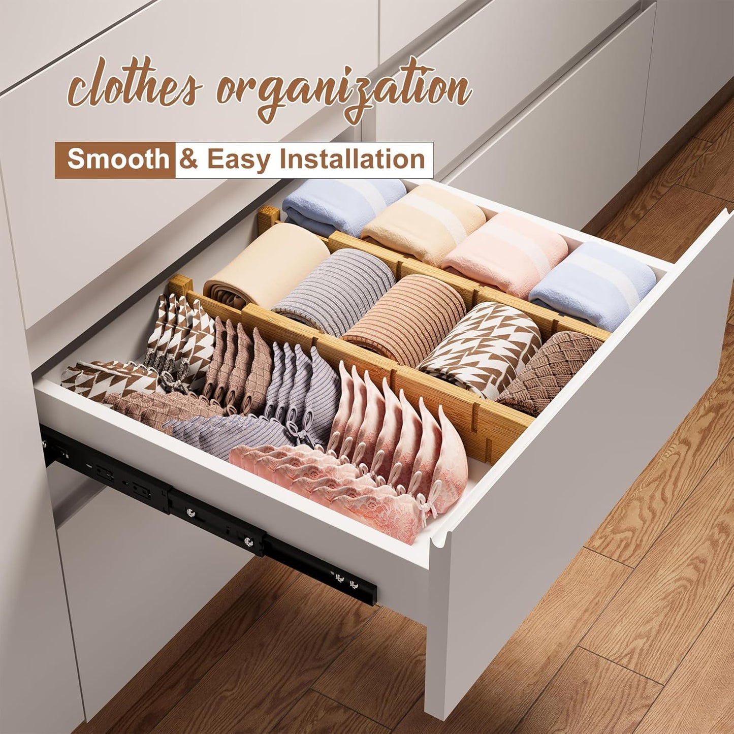 FILWH Bamboo Drawer Dividers with Inserts kitchen drawer organizer Adjustable Expandable 8 Pack Organizer Set for Kitchen Bedroom Bathroom Office 8 Dividers with 16 Inserts (Natural, Small (14-19IN))
