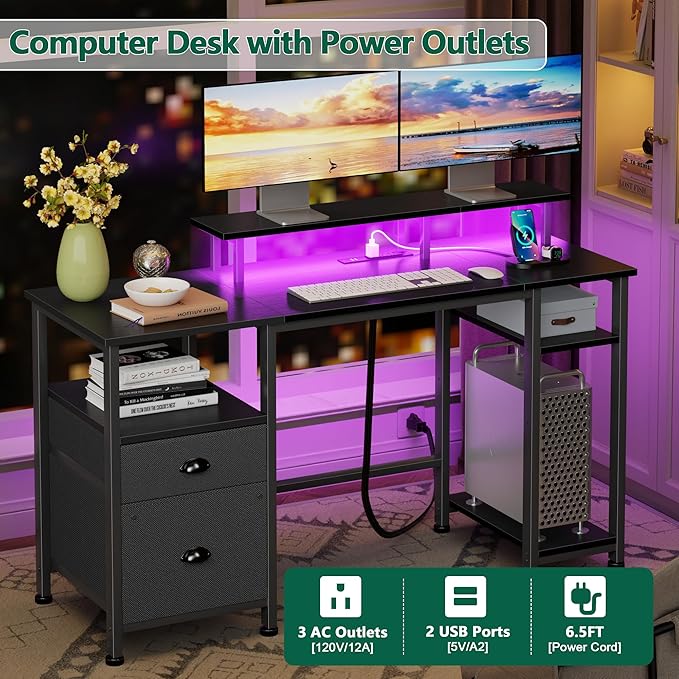 Furologee 51" Gaming Desk with Power Outlets & LED Lights, Reversible Computer Desk with File Cabinet & Monitor Stand for Home Office, Large Work Table with Storage Shelves & Drawer, Black