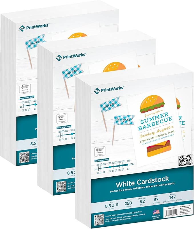 PrintWorks White Cardstock 8.5" x 11" - 67 lb/147 gsm Vellum Bristol - 750 Sheets - Made in the USA - SFI® Certified - 92 Bright - Card Stock Printer Paper for School, Craft, & Office Use (00564C)