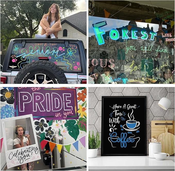 Jumbo Chalk Markers for Windows Washable, 8 Metallic Colors Liquid Chalk Pens Erasable with 10mm Thick Tips for Auto, Glass, Mirror, Poster, Bistro, Blackboard, Car of DIY