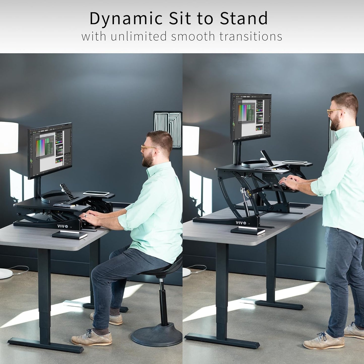 VIVO 32 inch Height Adjustable Stand Up Desk Converter, V Series, Quick Sit to Stand Tabletop Dual Monitor Riser Workstation, Black, DESK-V000VS