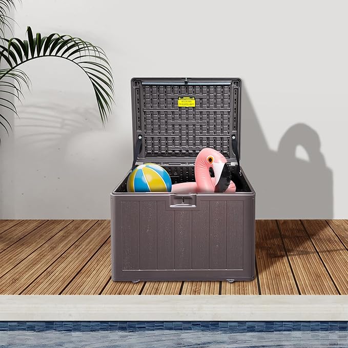 33 Gallon Pro Waterproof Outdoor Storage Bin Resin Deck Box for Patio, Poolside, and Garden, Lockable & UV-Resistant, Ideal for Small Spaces, Brown