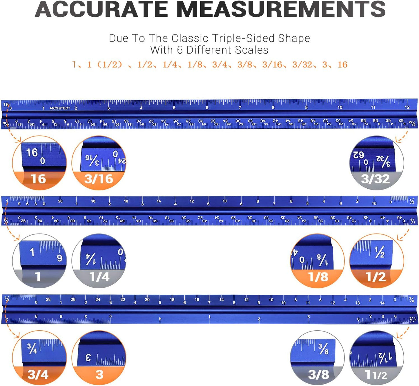 12" Architectural Scale Ruler Aluminum Architect Scale Triangular Scale Ruler for Architects, Draftsman, Students and Engineers, Blue