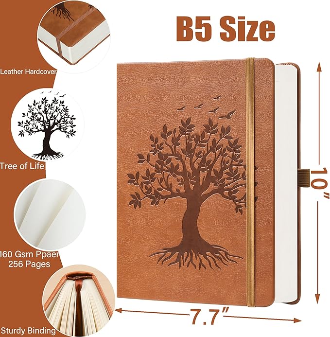 ZXHQ B5 Bullet Dotted Journal Notebook:150 gsm Thick Paper, 256 Pages, Dot Grid Hardcover, Tree of Life Design, Fine Inner Pocket - 7.7" × 10" Brown