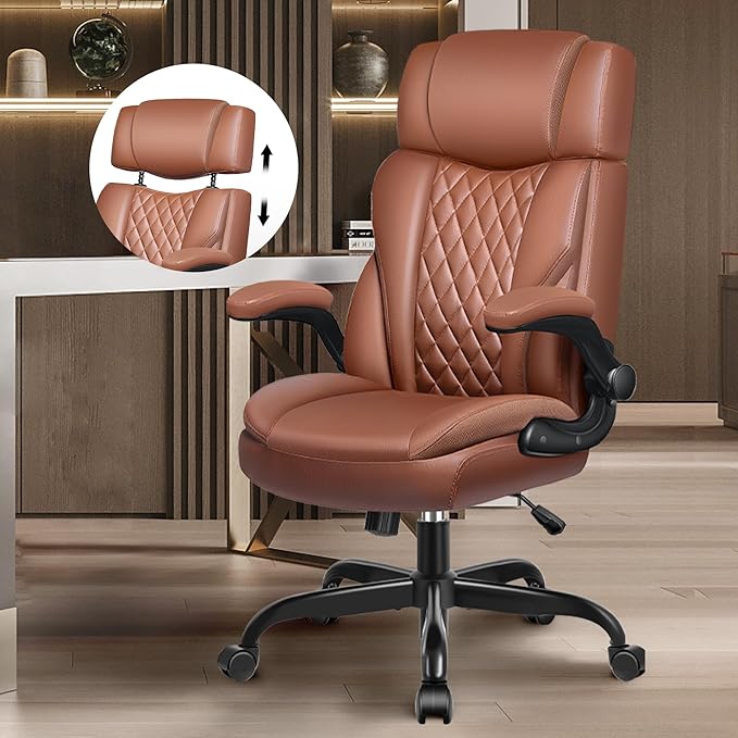 Office Chair Flip Up Arms, Executive Leather Office Chair Ergonomic Desk Chair with Lumbar Support, Adjustable Headrest, Computer Chair Home Office Desk Chair with Rocking Function