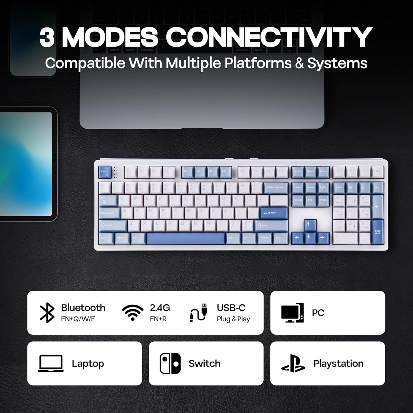 EPOMAKER TH108 Full Size Mechanical Keyboard, Wireless Gaming Keyboard, 8000mAh Battery, Creamy Gasket, 108 Keys, Hot Swap, Custom Driver, RGB Backlights (Blue&White, Creamy Jade Switch)