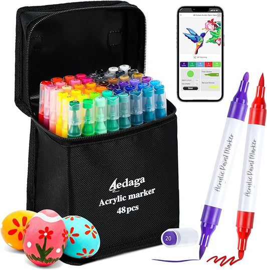 YHC 48 Colors Acrylic Paint Pens with Free App, Dual Tip Acrylic Paint Markers with Brush Tip and Fine Tip for Adults, Kids, Eggs, Wood, Rock, Canvas, Plastic, Stone, Glass, Ceramic