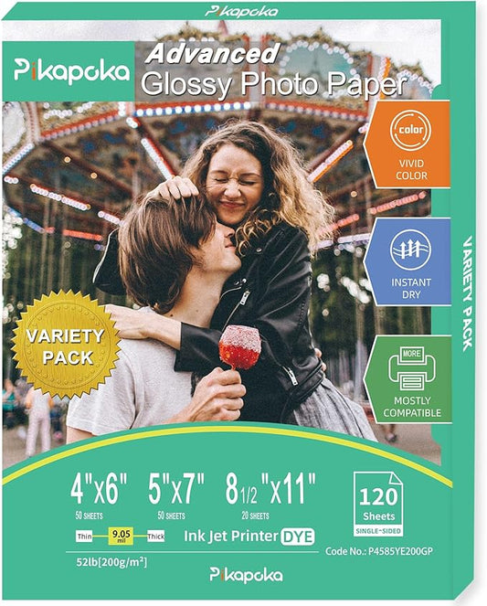 Glossy Photo Paper 4x6, 5x7, 8.5x11, 120 Variety Pack Bulk, Assorted Sizes, Inkjet printer, 52lb/200gsm