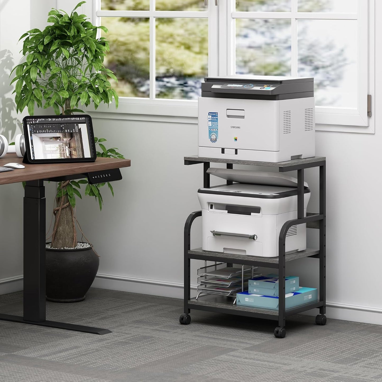 Printer Stand with Height Adjustable Storage Shelf, 3 Tier Mobile Printer Table with Wheels, Rolling Printer Cart for Home Office Organization, Gray