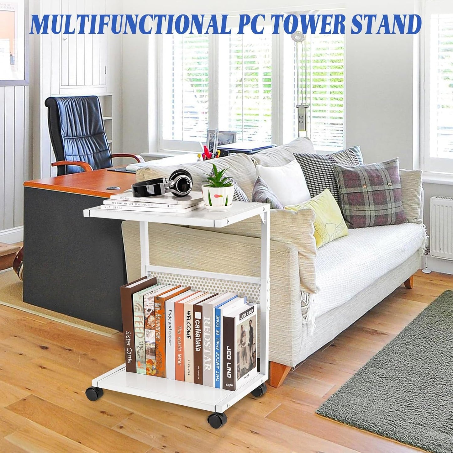 Liitrton PC Tower Stand 2-Tier CPU Stand with Locking Caster Wheels for Office & Home - Iron-White