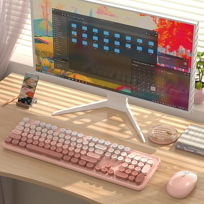 Colorful Wireless Keyboard and Mouse Combo, COVEVA 2.4GHz Wireless Retro Cute Round Keycaps Keyboard, 104 Keys Full-Sized Keyboard Mouse Set with Switch Button for PC Laptop Desktop (Rose Gradient)